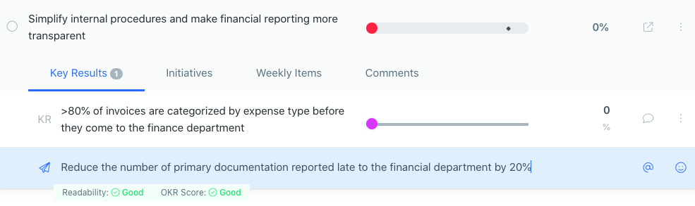 Finance Example Objective and Key Result 1 & 2 in Weekdone + readability feature