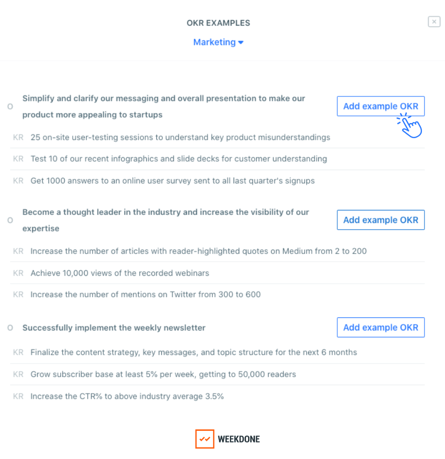 Add OKR examples in Weekdone OKR software with sample data 